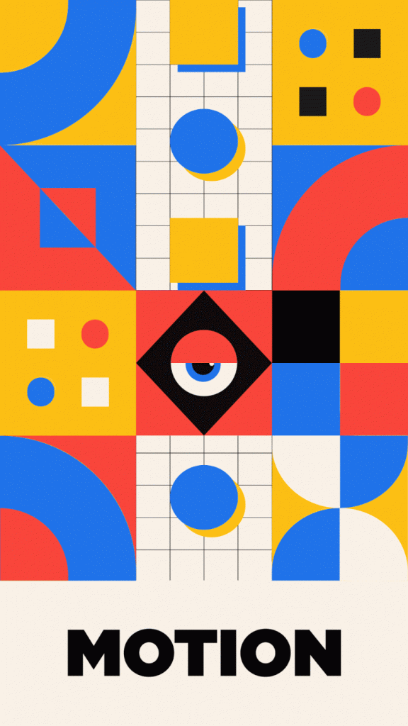 Animation motion design inspirée du Bauhaus avec formes géométriques colorées et typographie graphique