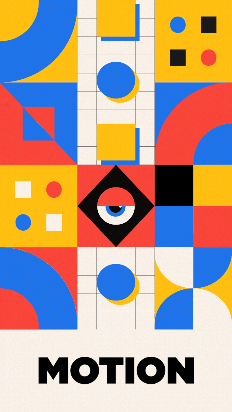 Animation motion design inspirée du Bauhaus avec formes géométriques colorées et typographie graphique